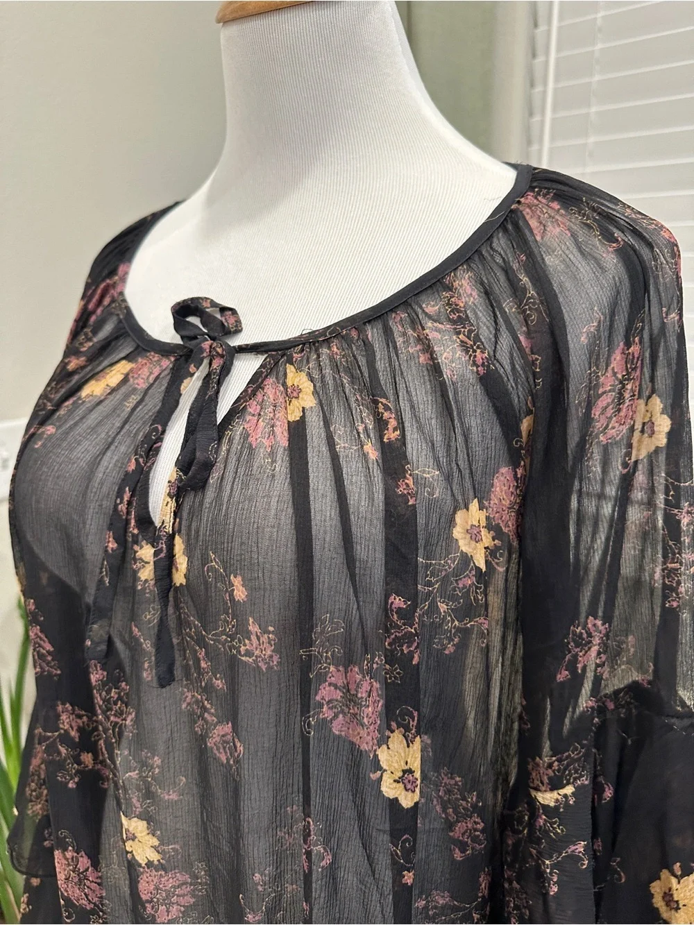 Free People Black Sheer Floral Tie-Neck Blouse
